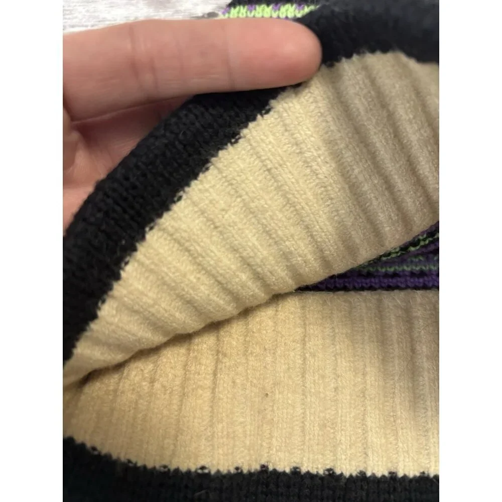 Vintage‎ Smiley Wool Knit  Hat Made in USA Geo Geometric Print Green Purple